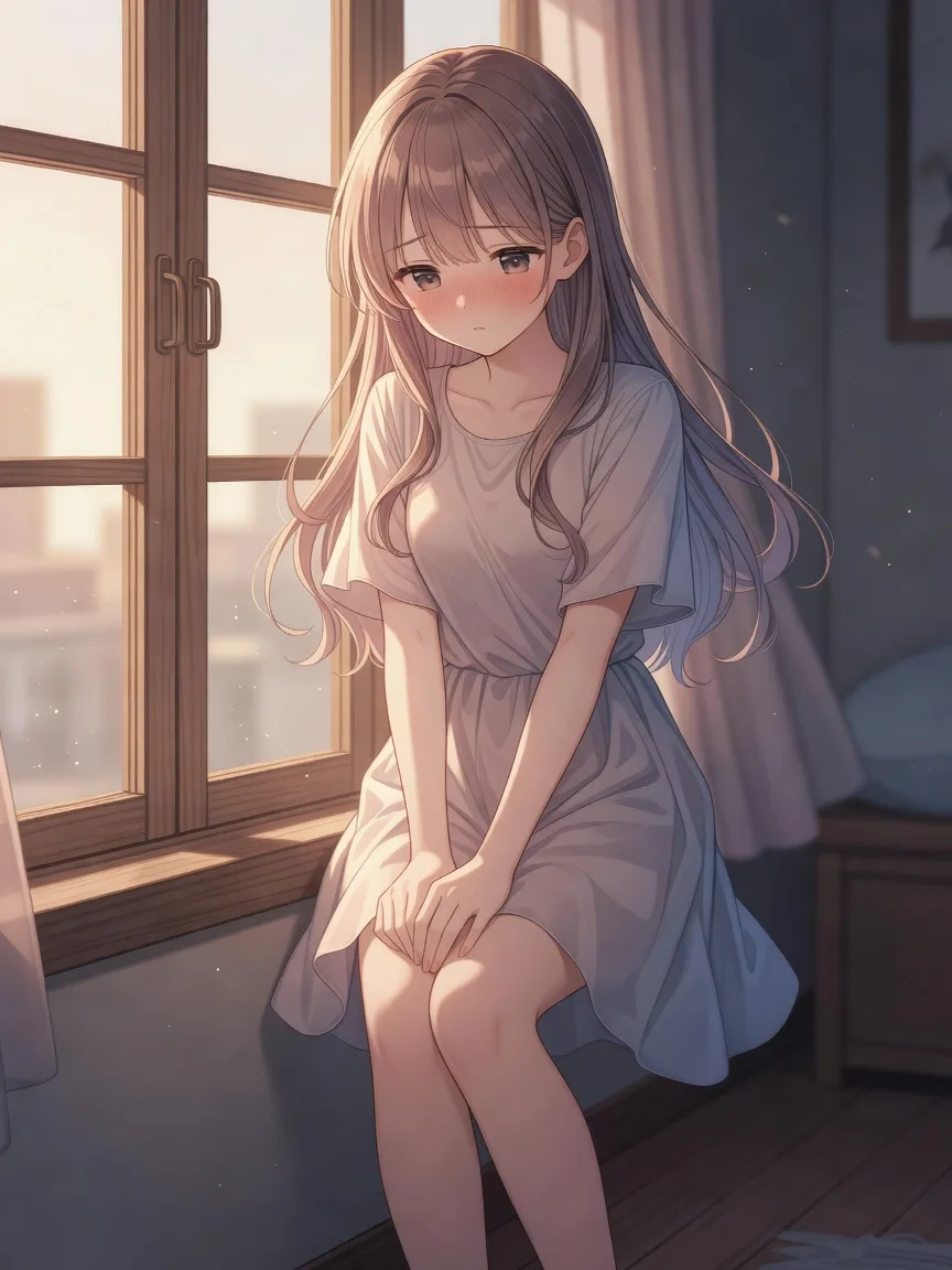 窓辺で耐える少女